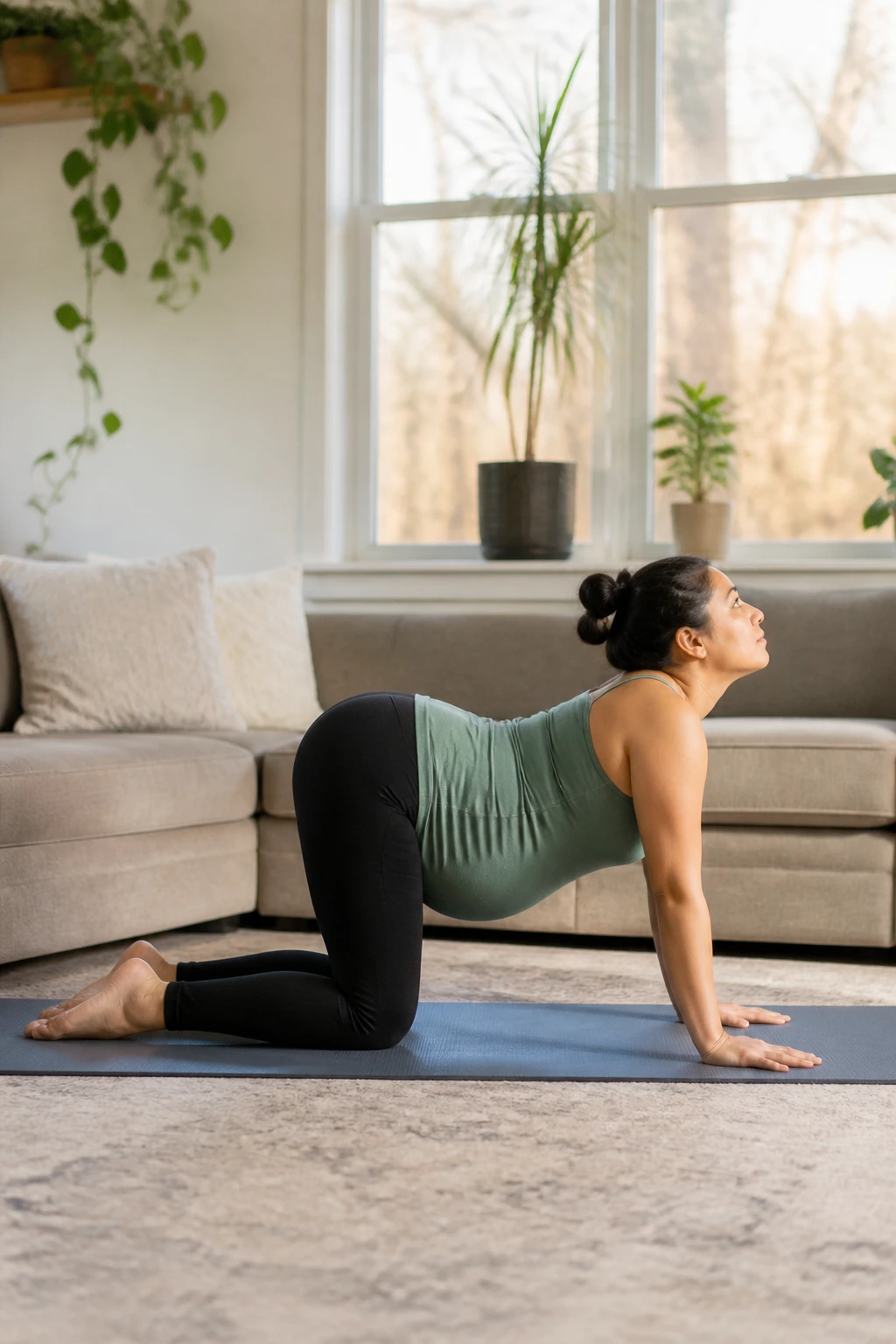 Pregnant woman performing Cat-Cow on a mat