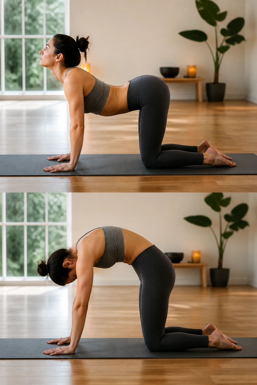 Real person performing Cat-Cow Stretch on a mat, alternating arched and rounded spine.