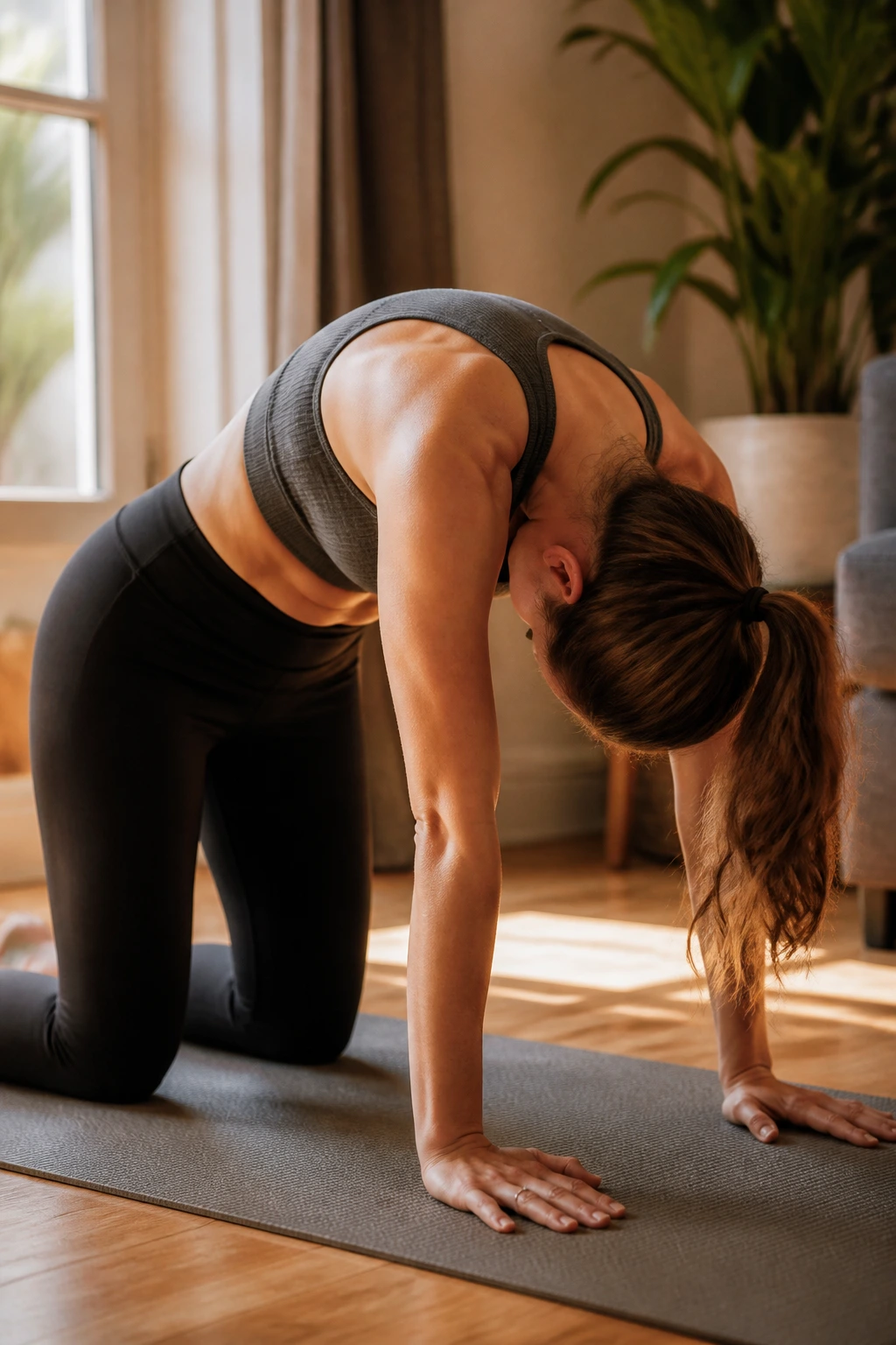 Cat-Cow Stretch: close-up of a real person on hands and knees performing Cat pose with a rounded spine.