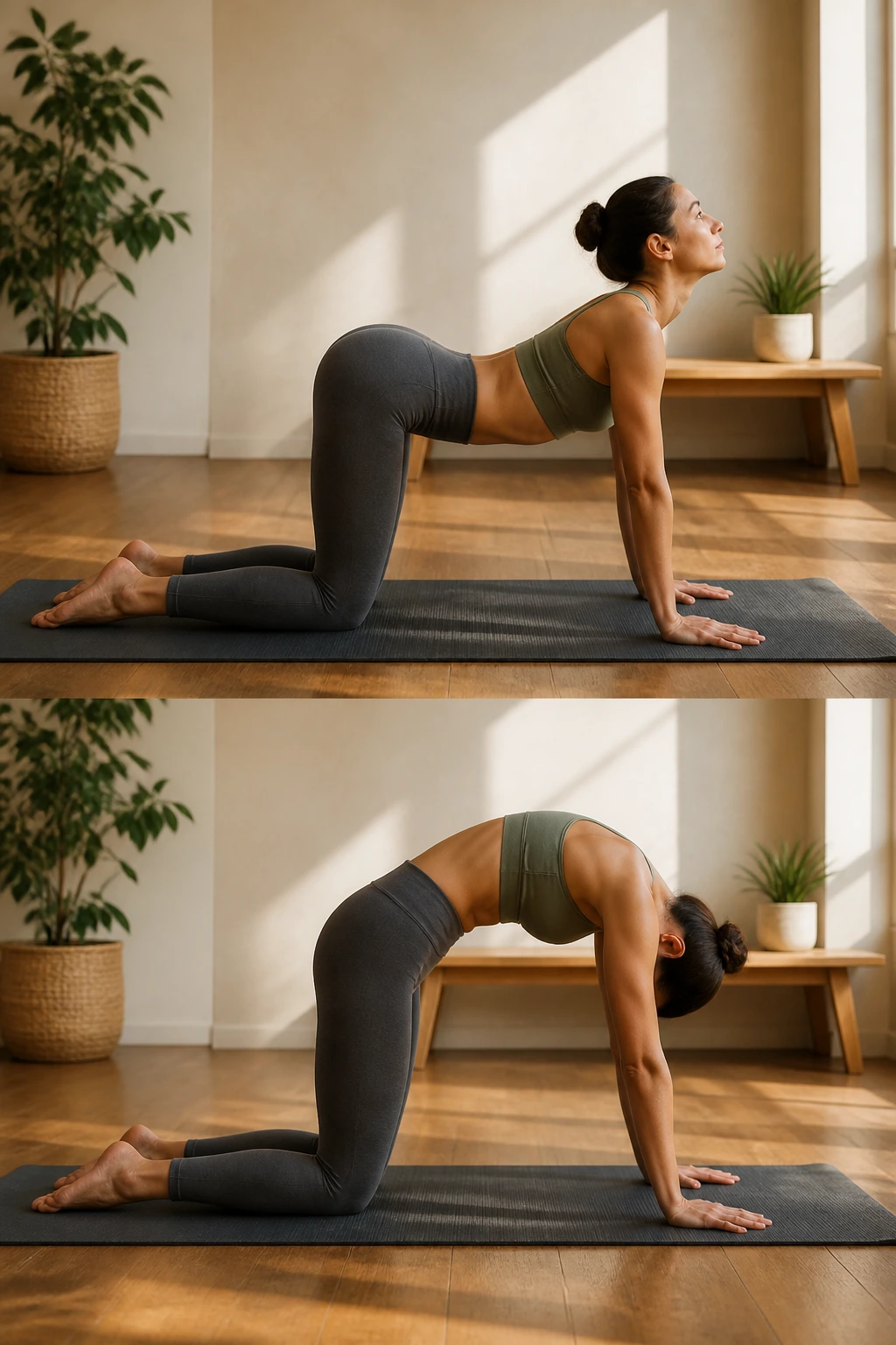 Person performing Cat-Cow on a yoga mat in a sunlit room