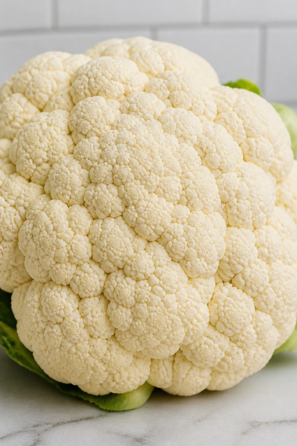 Close-up of white cauliflower head on kitchen counter