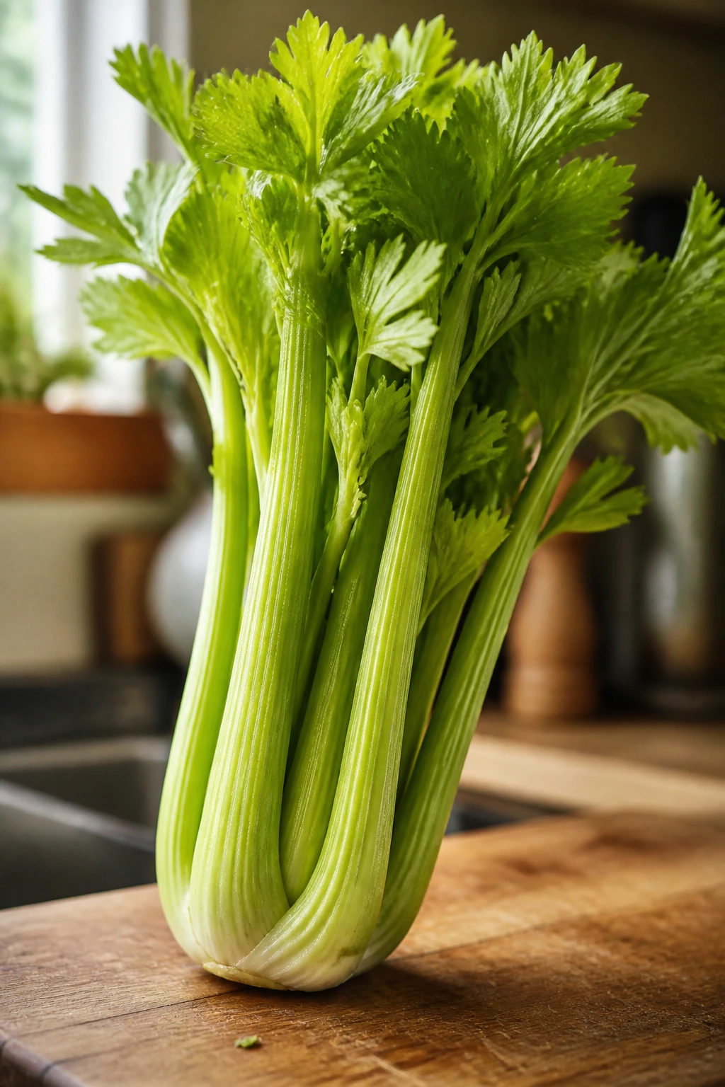 Crisp celery stalks with leaves on a cutting board