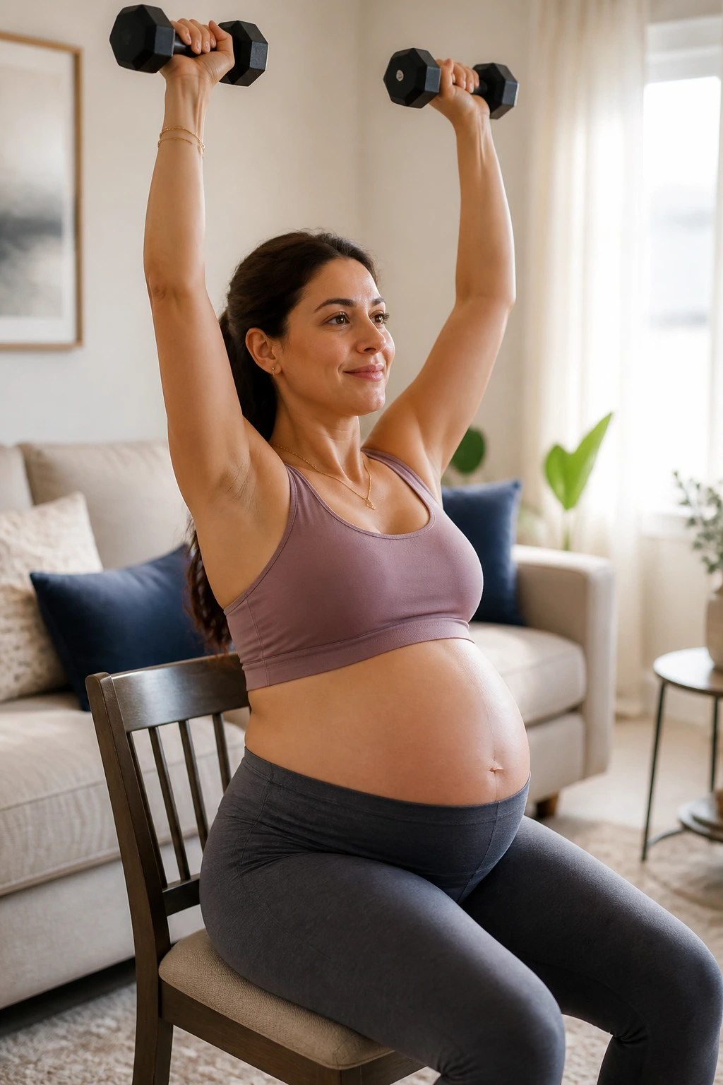 Pregnant woman doing seated overhead press in sunlit living room