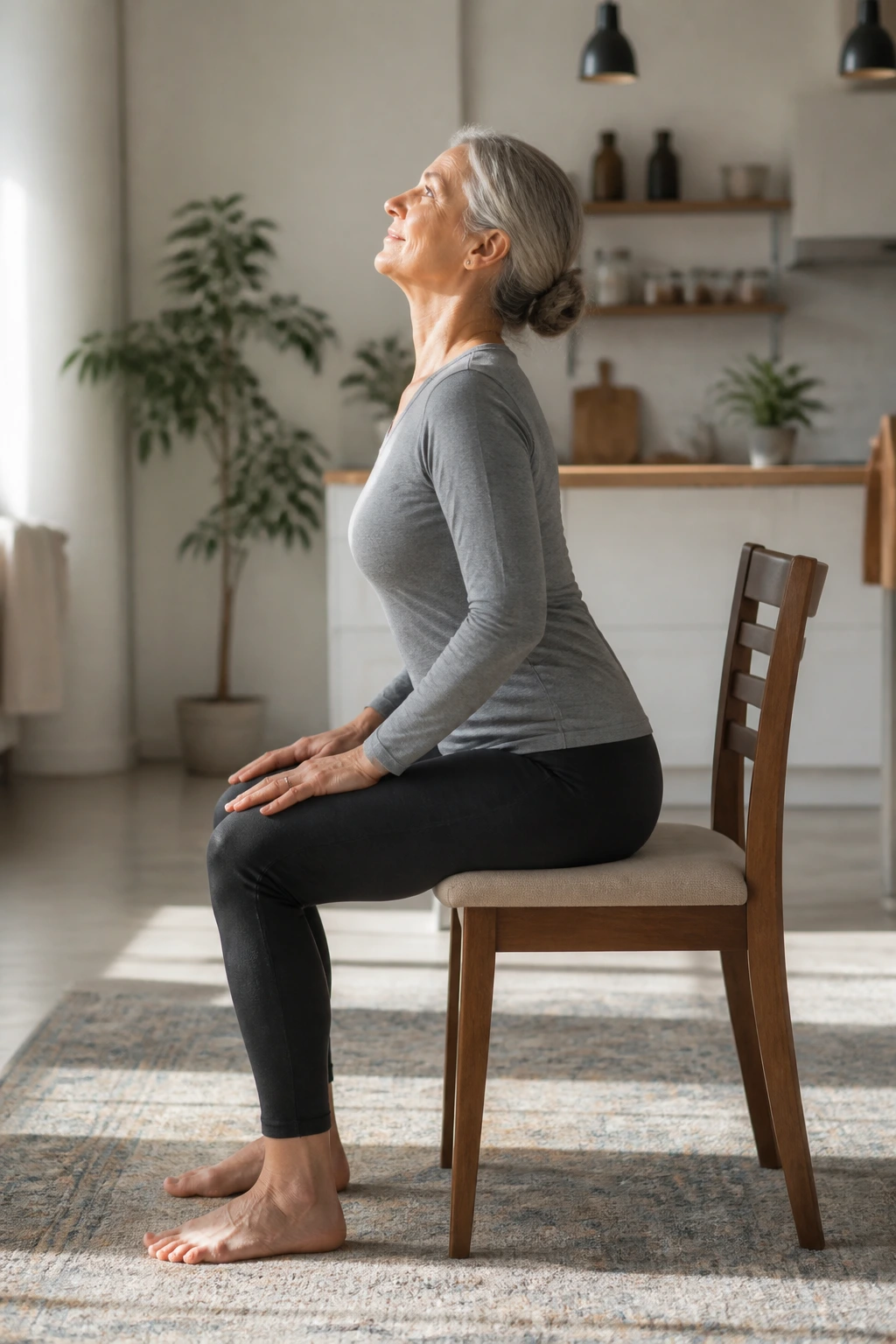 Real person seated in a chair performing chair cat-cow mobility in a home setting
