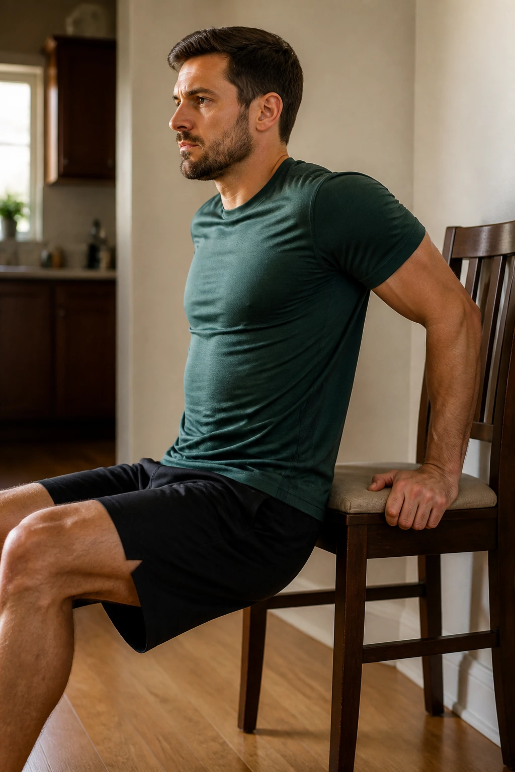 Person doing chair dips on a chair at home