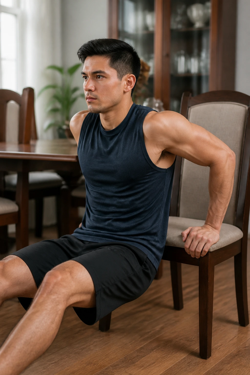 Person doing chair triceps dips using a chair in a home setting