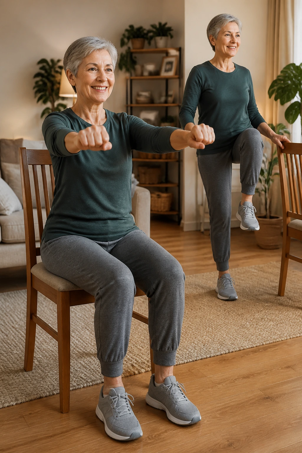 Real person exercising with a chair for low-impact routine