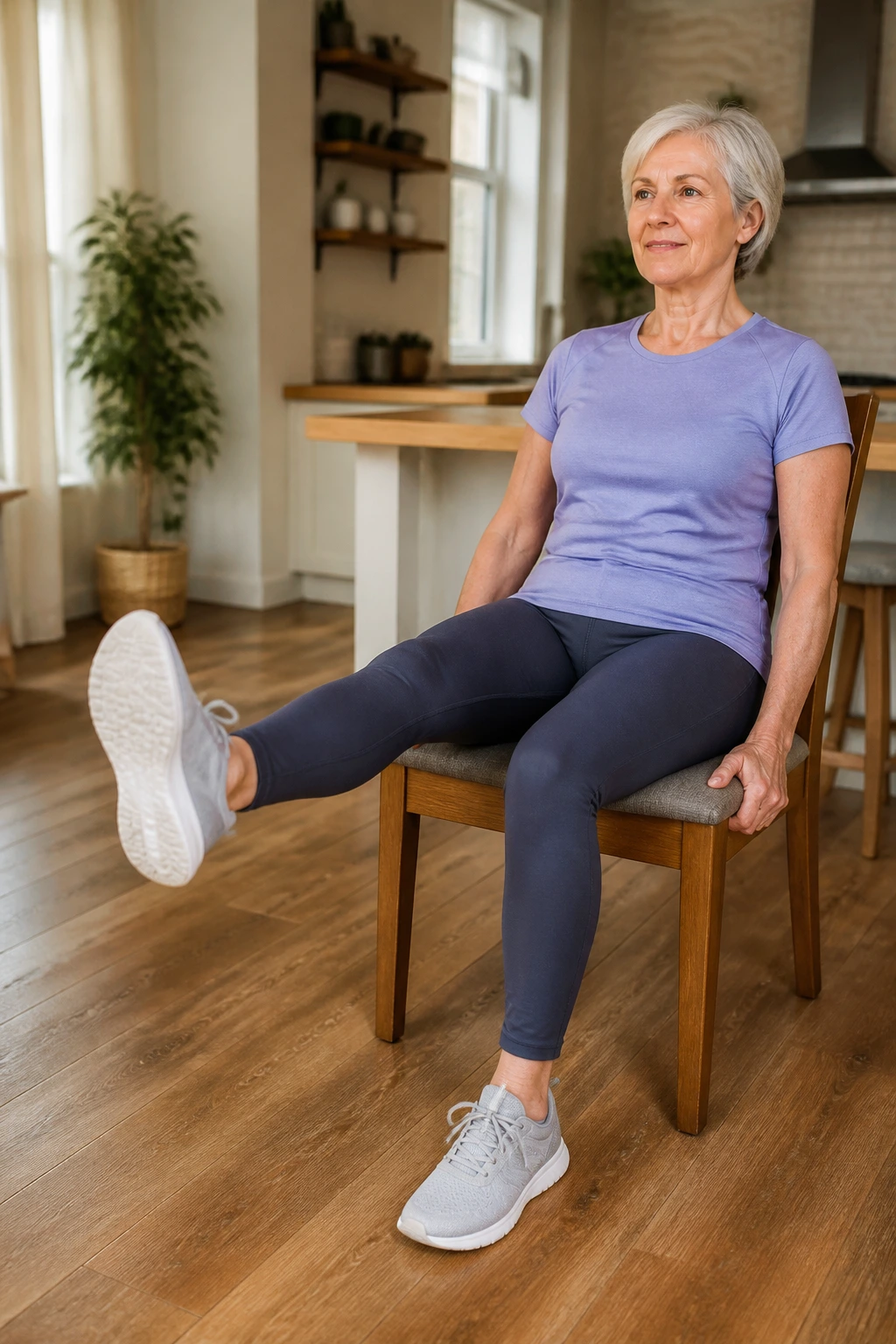 Mid-shot of a person seated performing chair leg extensions in a home setting.
