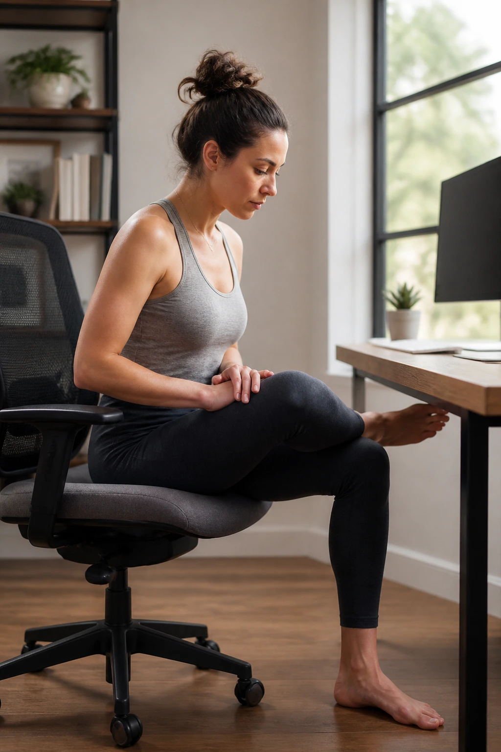 Real person in Chair Pigeon at a desk, ankle over knee, torso leaning forward.