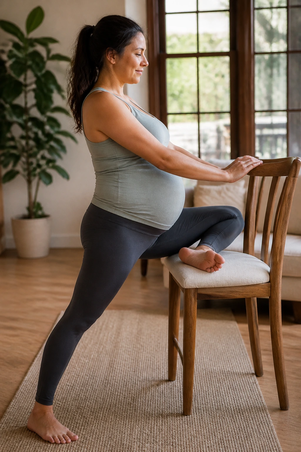 Pregnant person performing chair-supported pigeon pose in a home setting