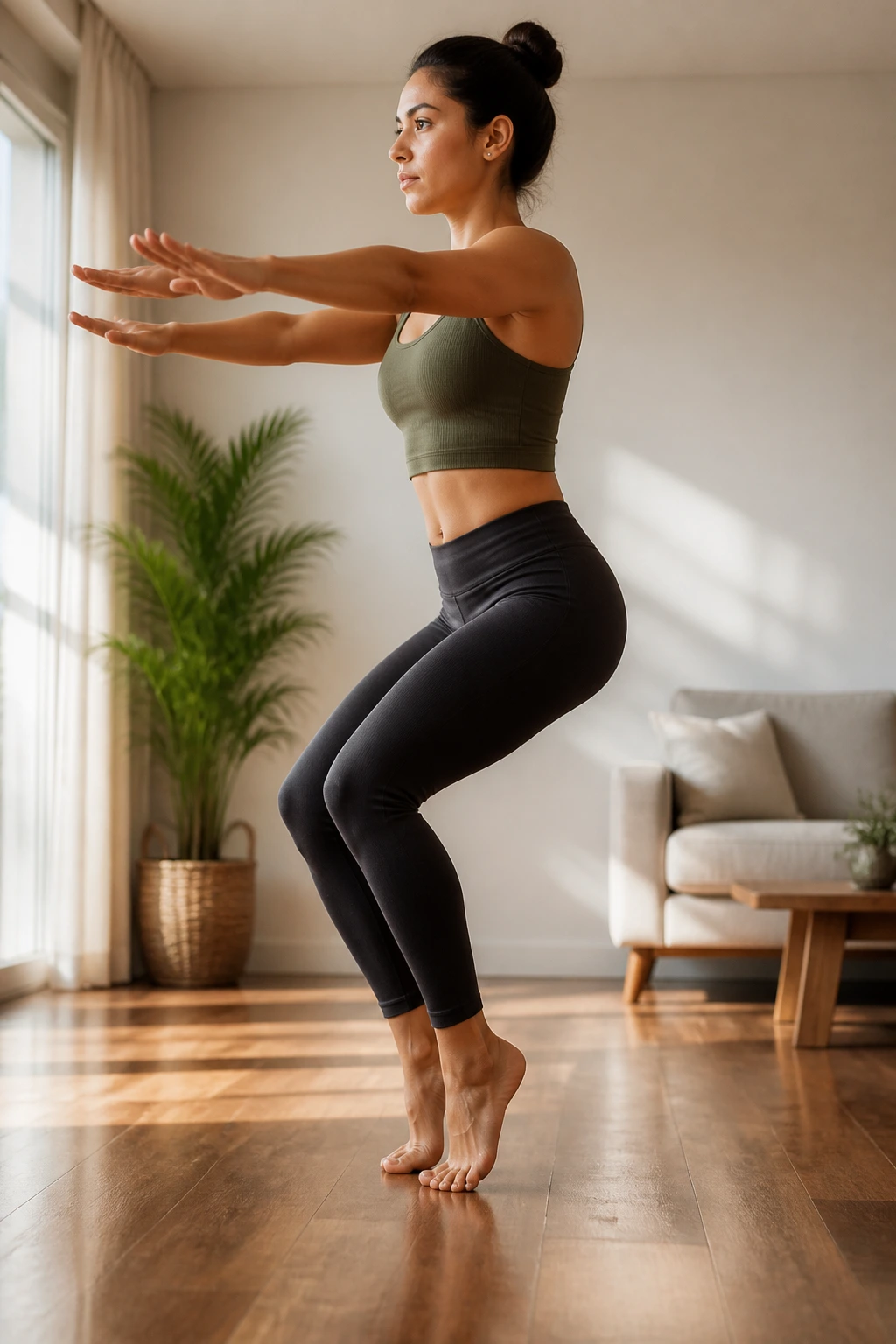 Mid-shot of a person in chair pose with heels lifted showing core engagement