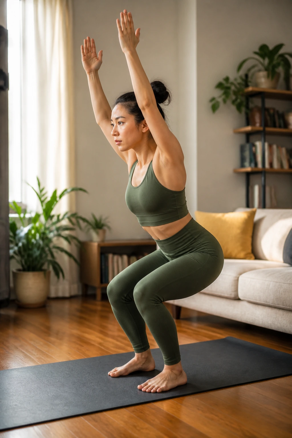Real person in chair pose with arms overhead performing a pulse on a mat in a cozy home.