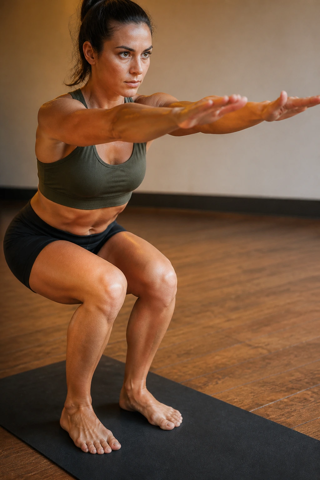 Person performing chair pose pulses in a gym environment