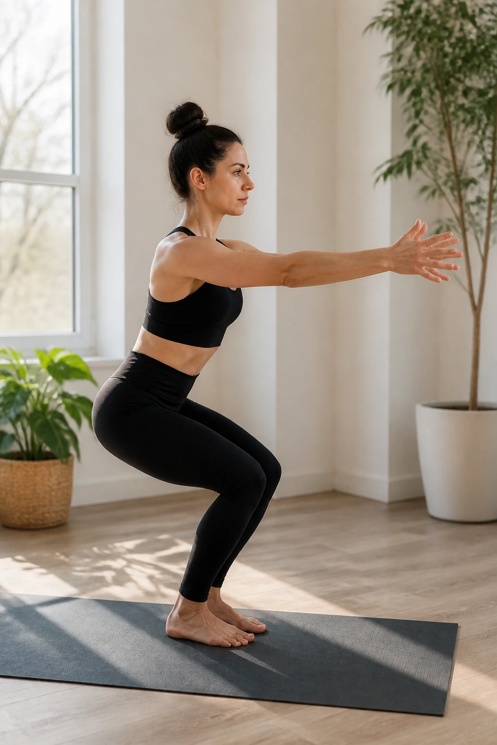 Real person in chair pose on a yoga mat in a bright room focusing on lower body engagement
