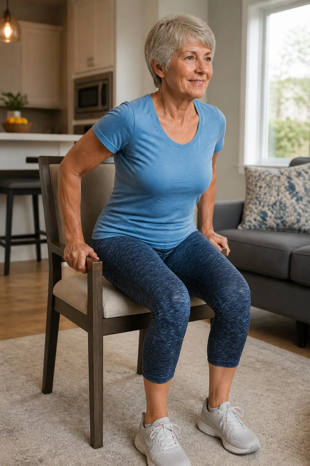 Medium close-up of a person performing a chair sit-to-stand in a home setting