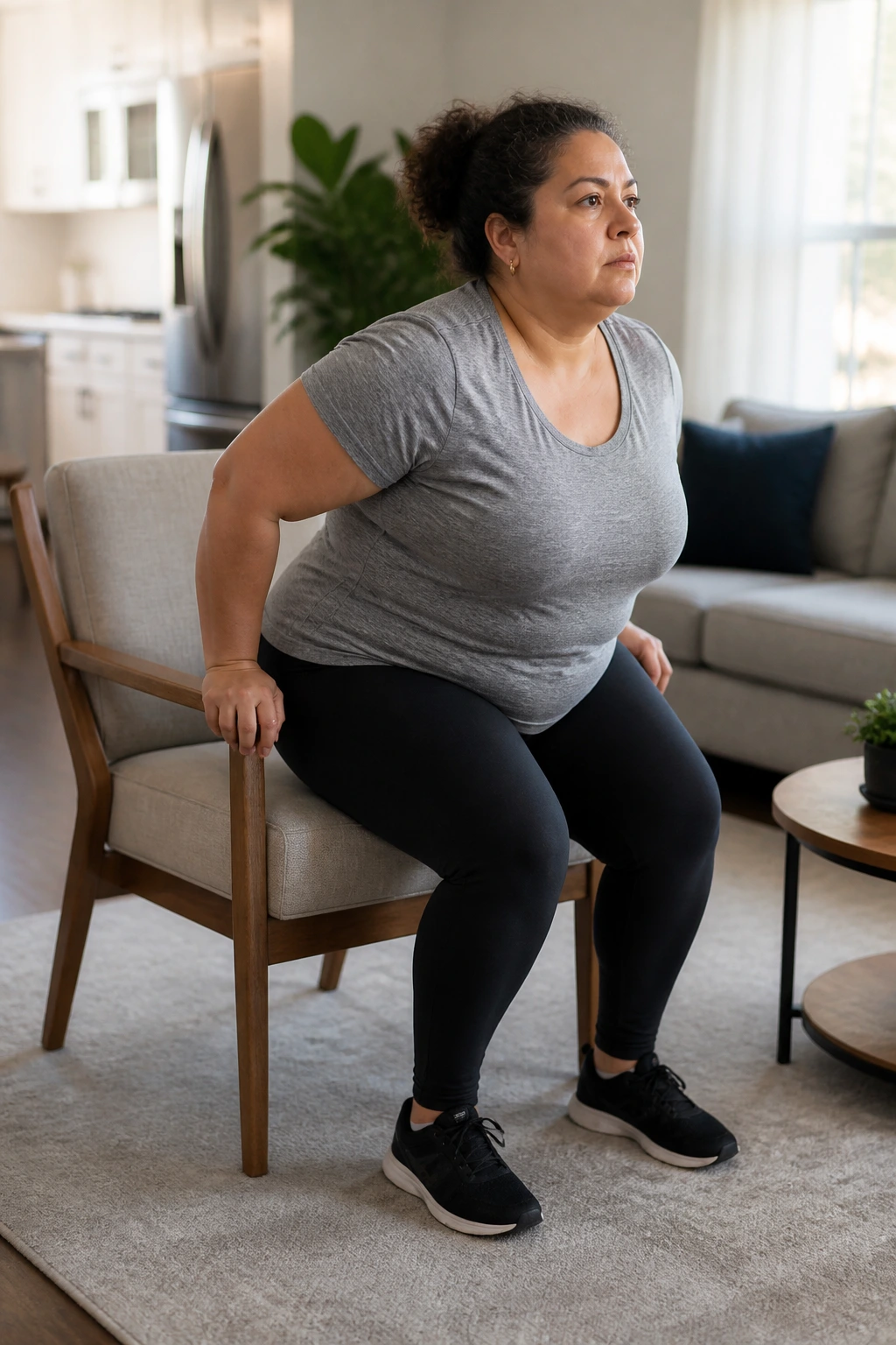 Person performing chair sit-to-stand from a chair in a home setting.