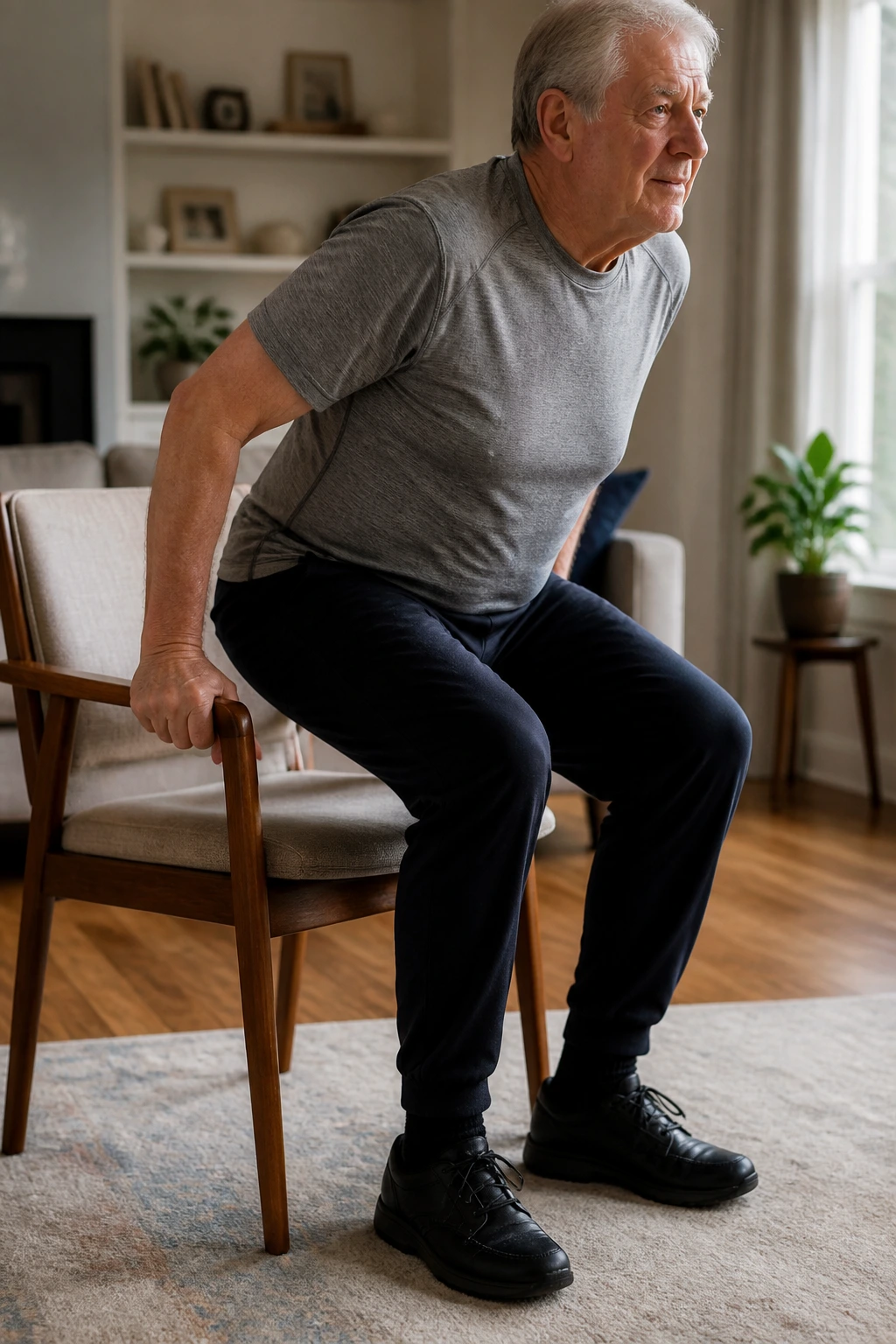 Close-up of an older adult performing a chair sit-to-stand in a living room