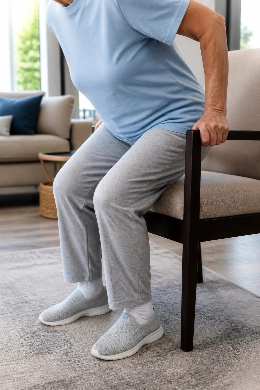 Older adult performing chair sit-to-stand in a living room