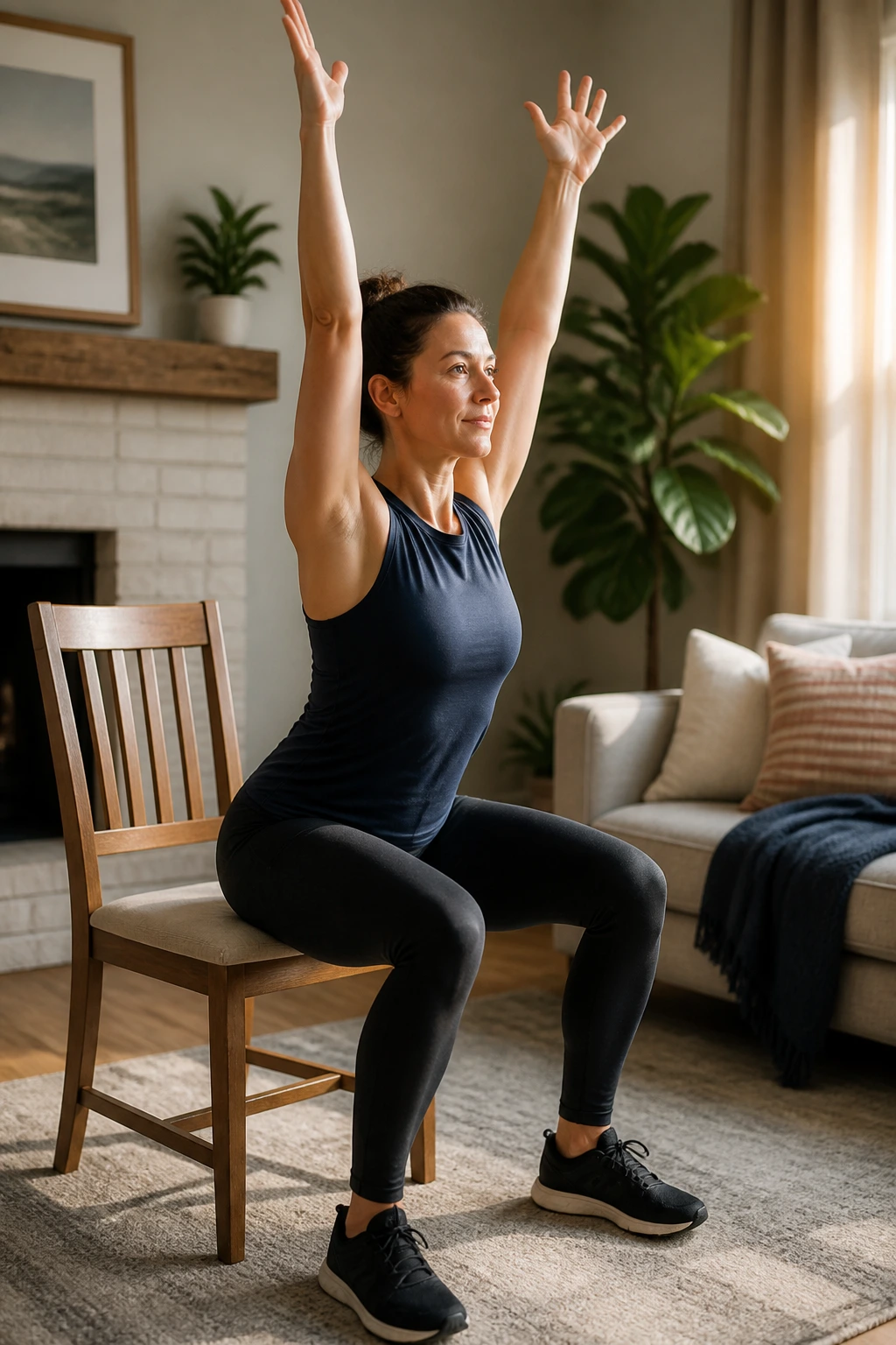 Person performing chair squats with overhead reach in a home setting