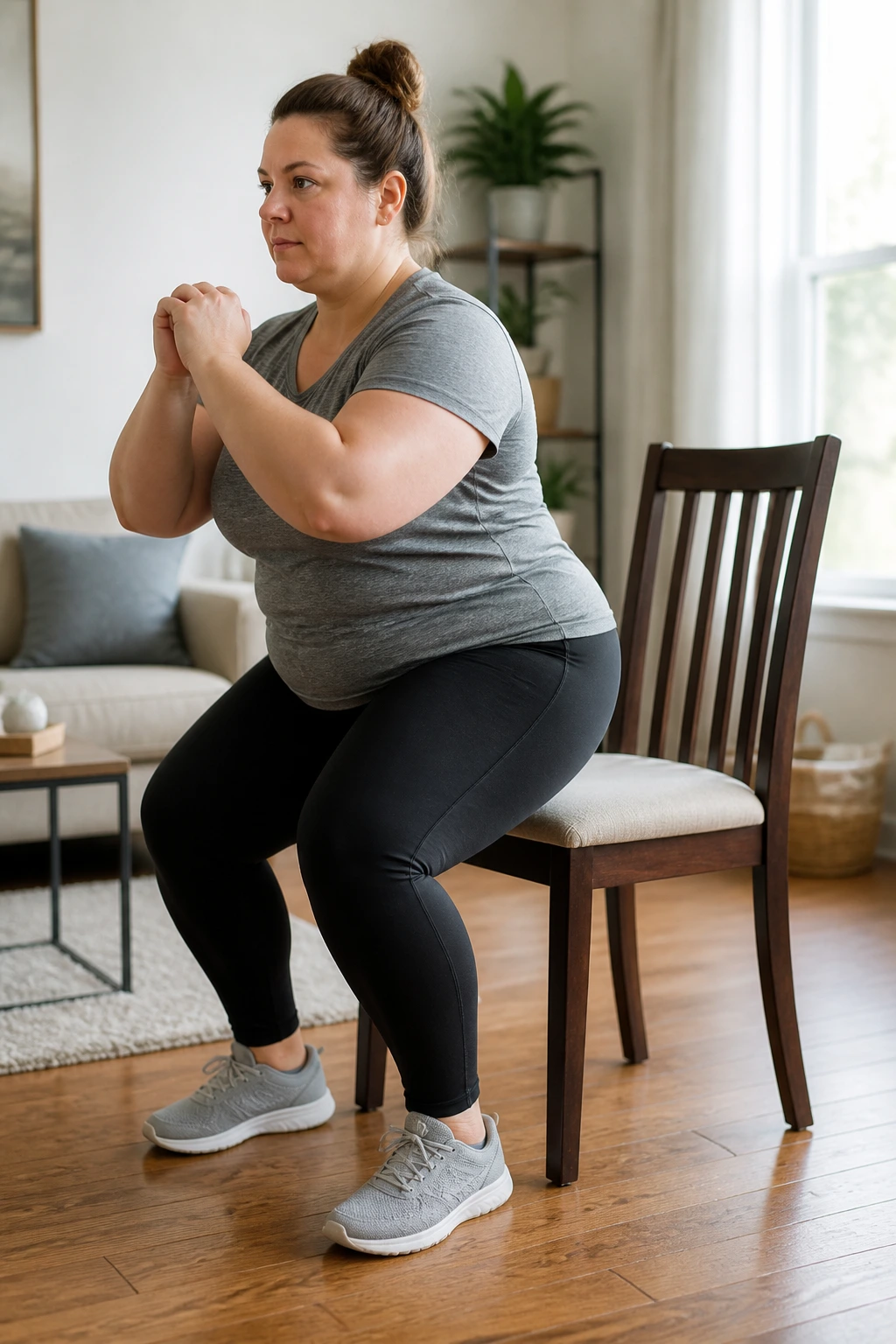 Real person performing a shallow chair squat in a cozy home setting.