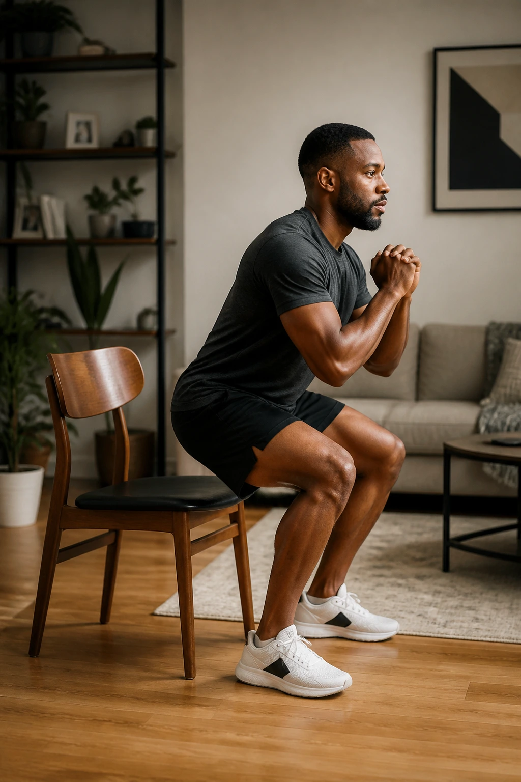 Mid-shot of a person performing a sit-to-stand chair squat in a living room
