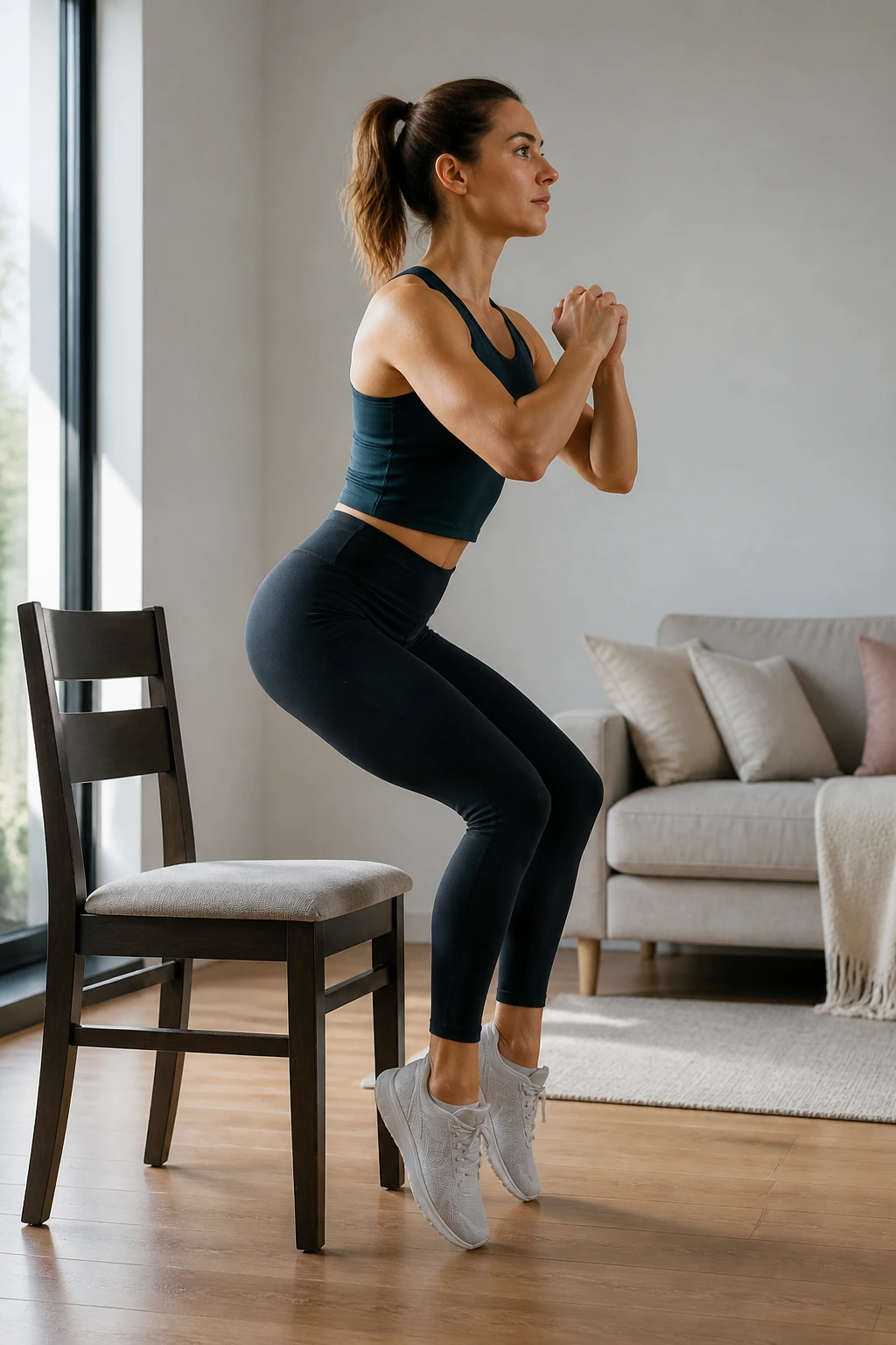 Person performing chair squat to toe raise with chest upright