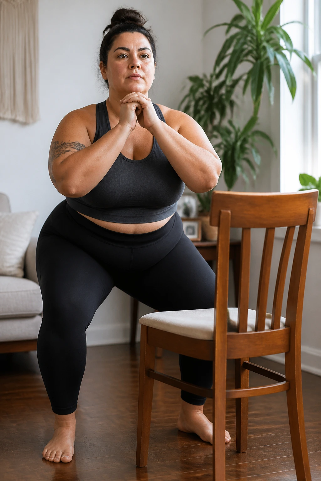 Mid-shot of a real person performing a chair squat in a home setting