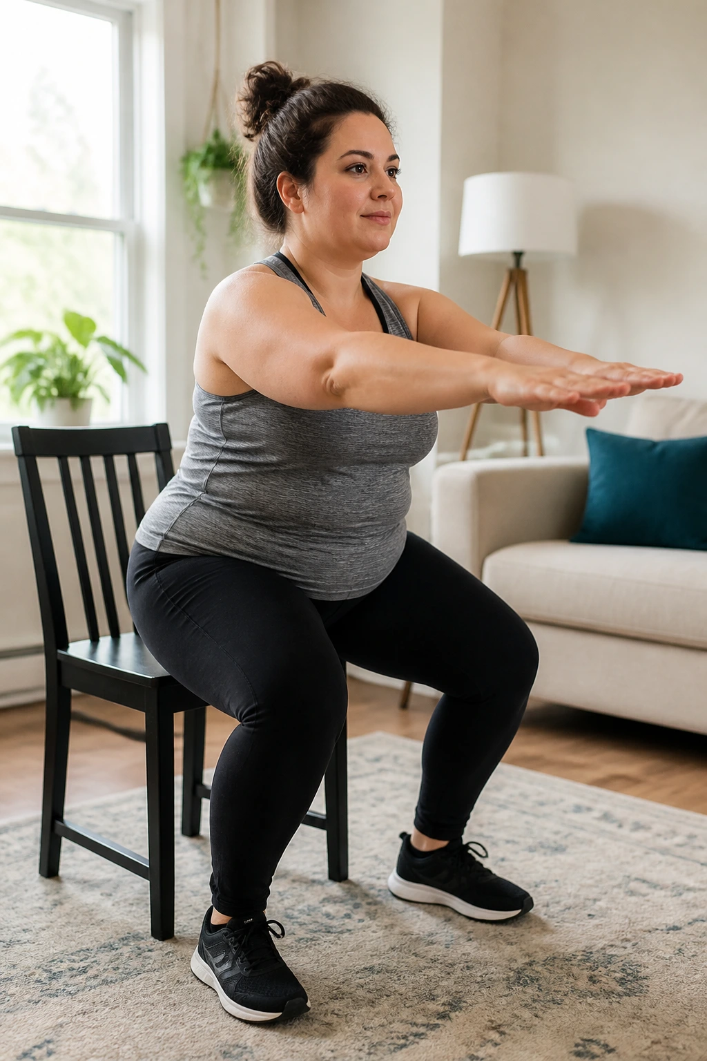 Mid-shot of a person doing chair squats as part of a low-impact circuit in a home setting