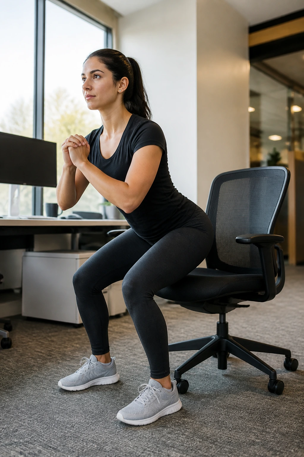 Real person performing chair squats by a desk in an office.