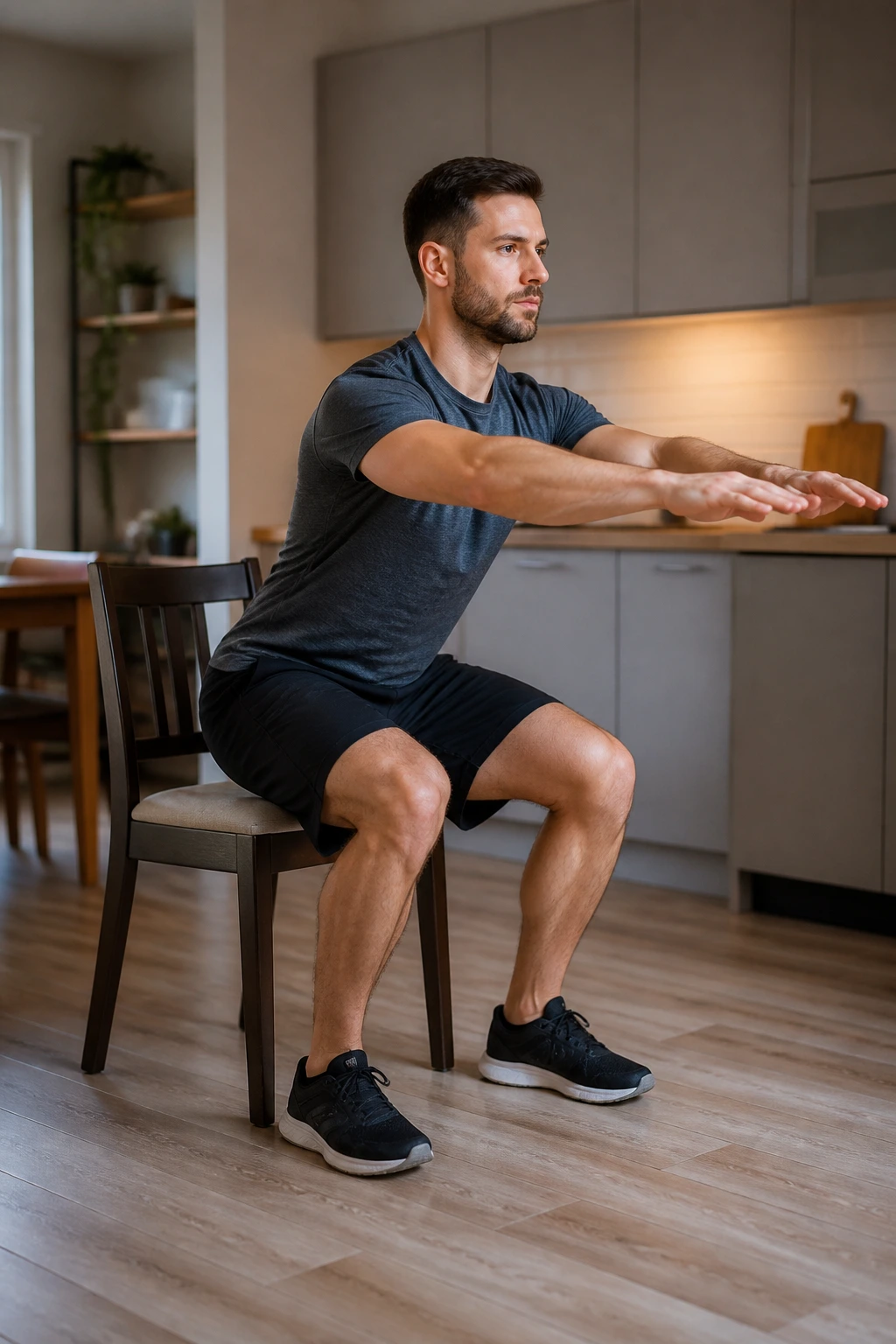 Person doing chair squats with proper knee tracking in a home setting