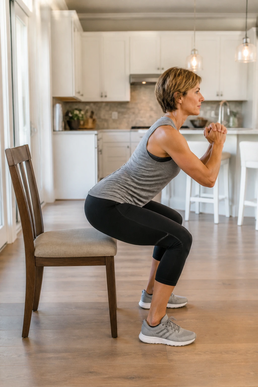 Person performing chair squats with light seat tap