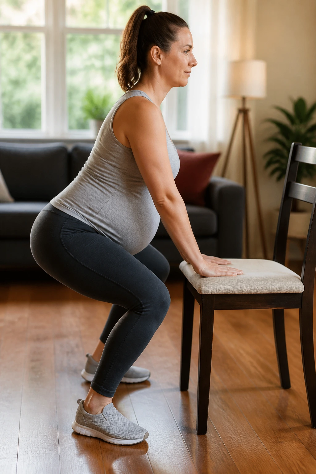 Pregnant woman performing chair squat in a cozy living room with proper knee tracking.