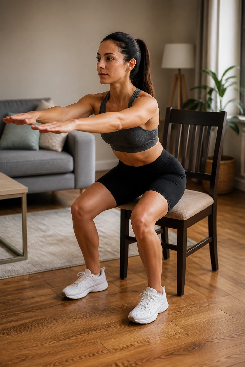 Woman performing chair squats in living room with chair behind, demonstrating proper form