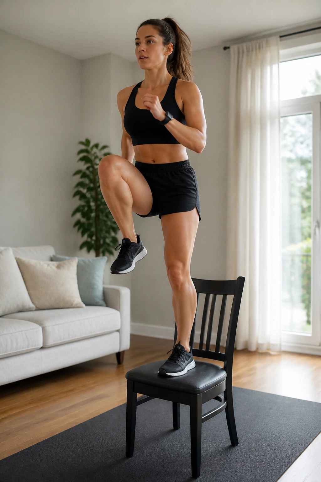 Real person performing chair step-ups with knee drive in a home setting