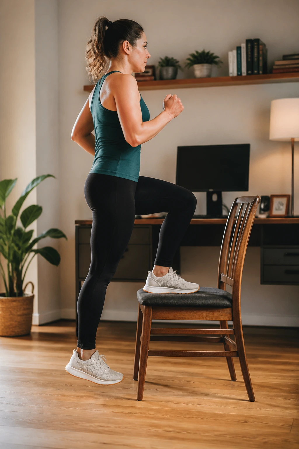Person performing chair step-ups in a living room using a sturdy chair