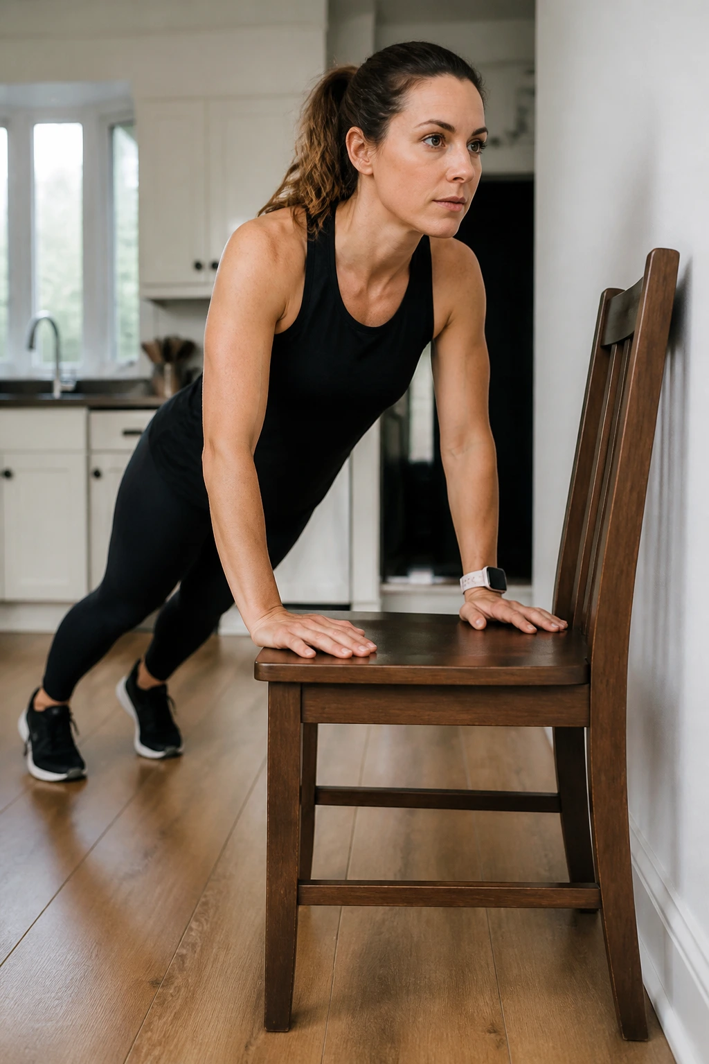 Person doing incline push-ups on a sturdy chair indoors