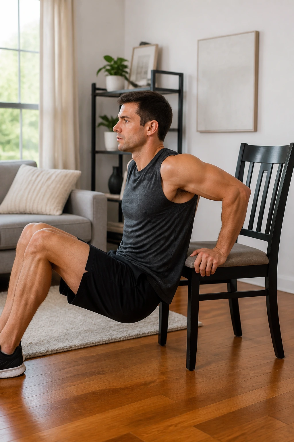 Real person doing chair triceps dips on a sturdy chair.