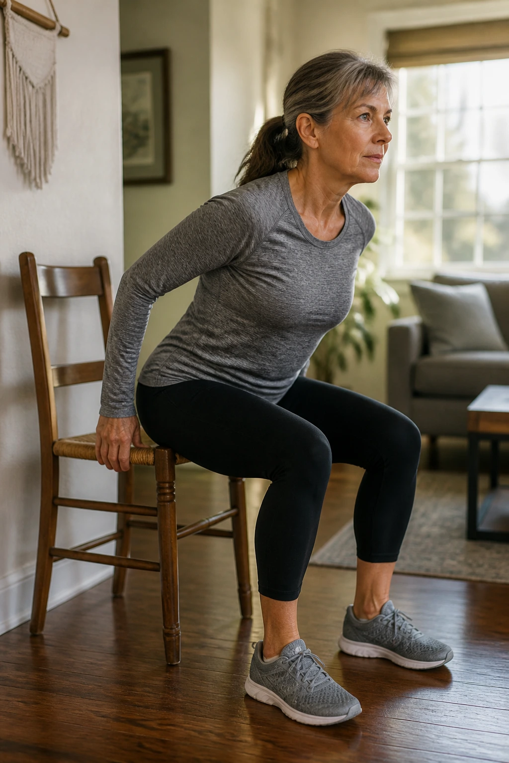 Person doing chair sit-to-stand near a chair and wall in a living room