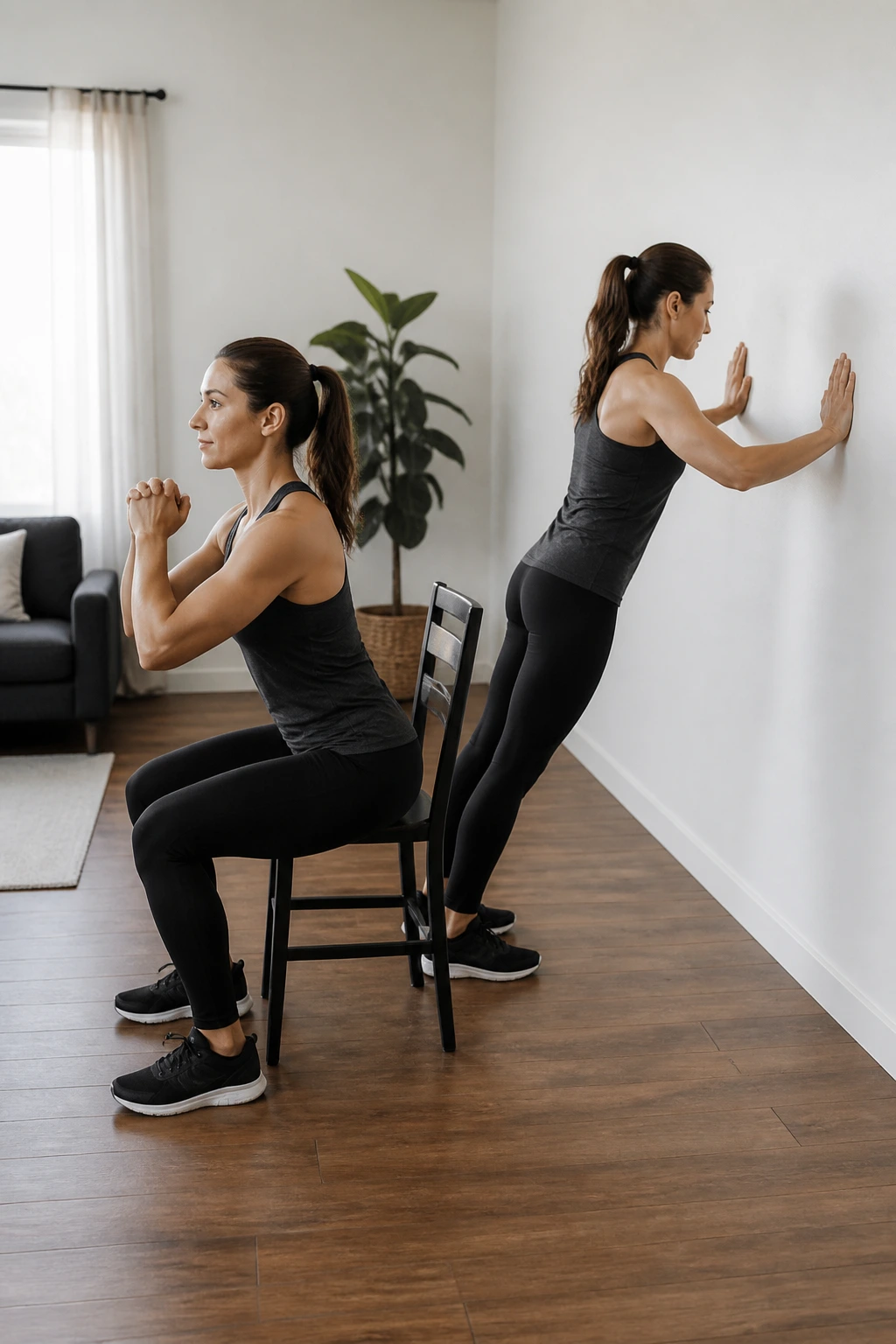 Real person using a chair and wall for beginner strength moves at home.