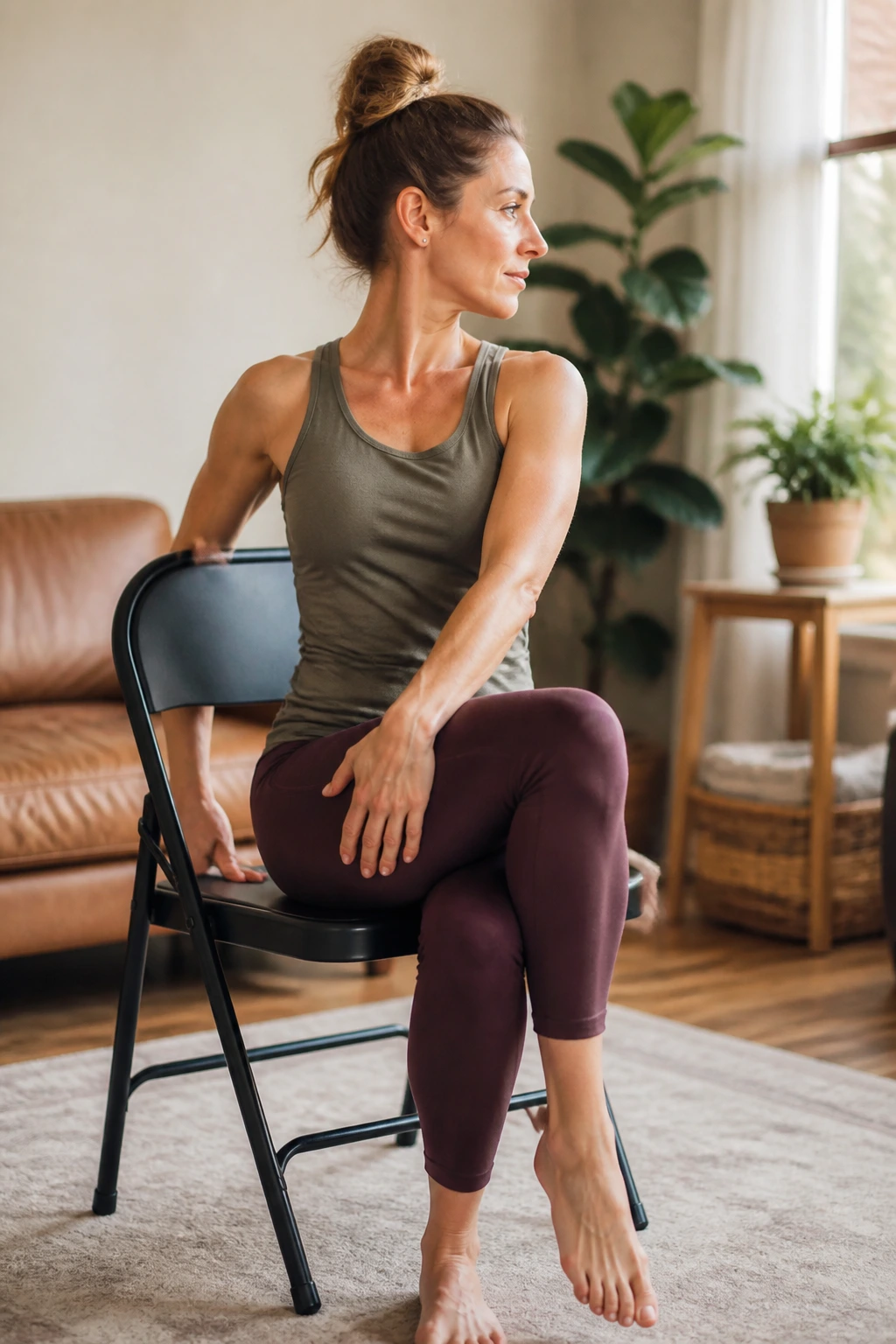 Chair yoga for beginners: real person seated on chair performing spinal twist in cozy home.