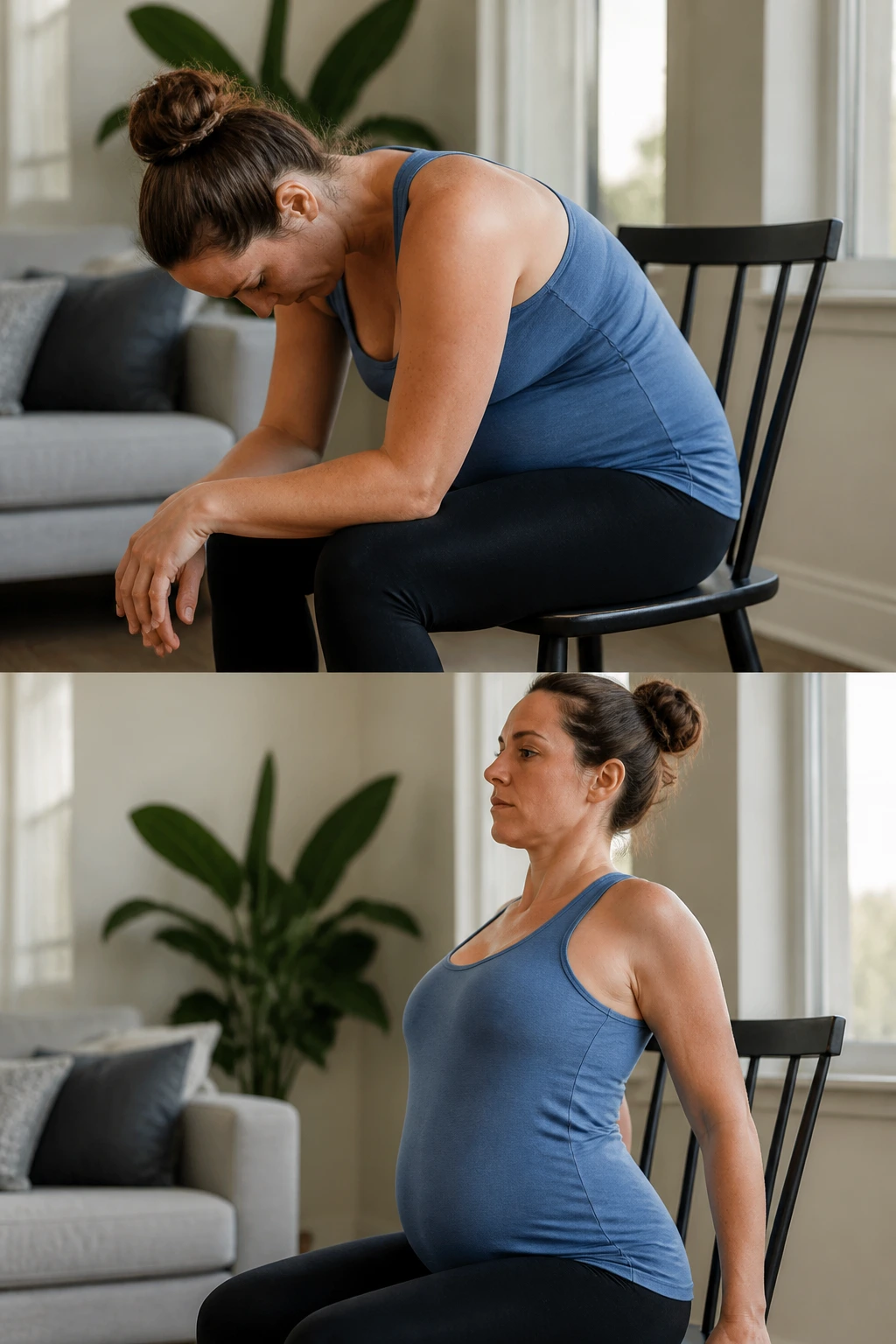 Real person performing chair forward fold and shoulder rolls, seated on a chair.