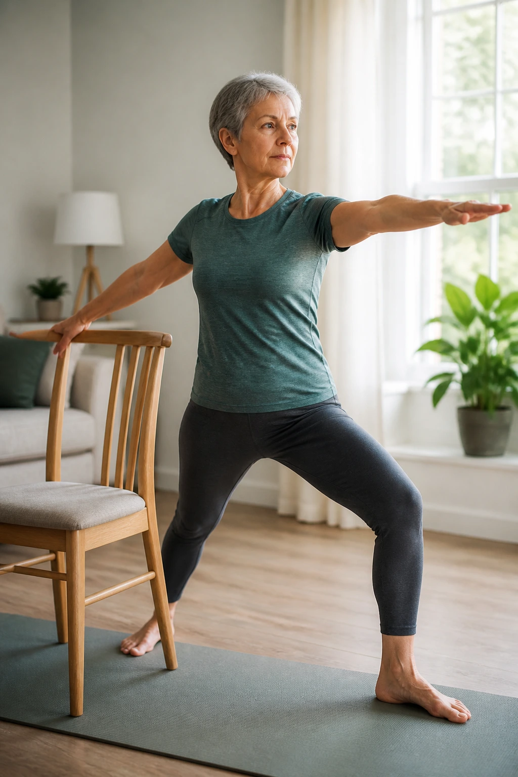 Person performing chair-supported yoga pose in living room.