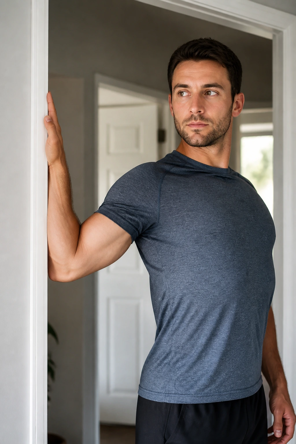 Side view of a person doing a chest opener against a doorway
