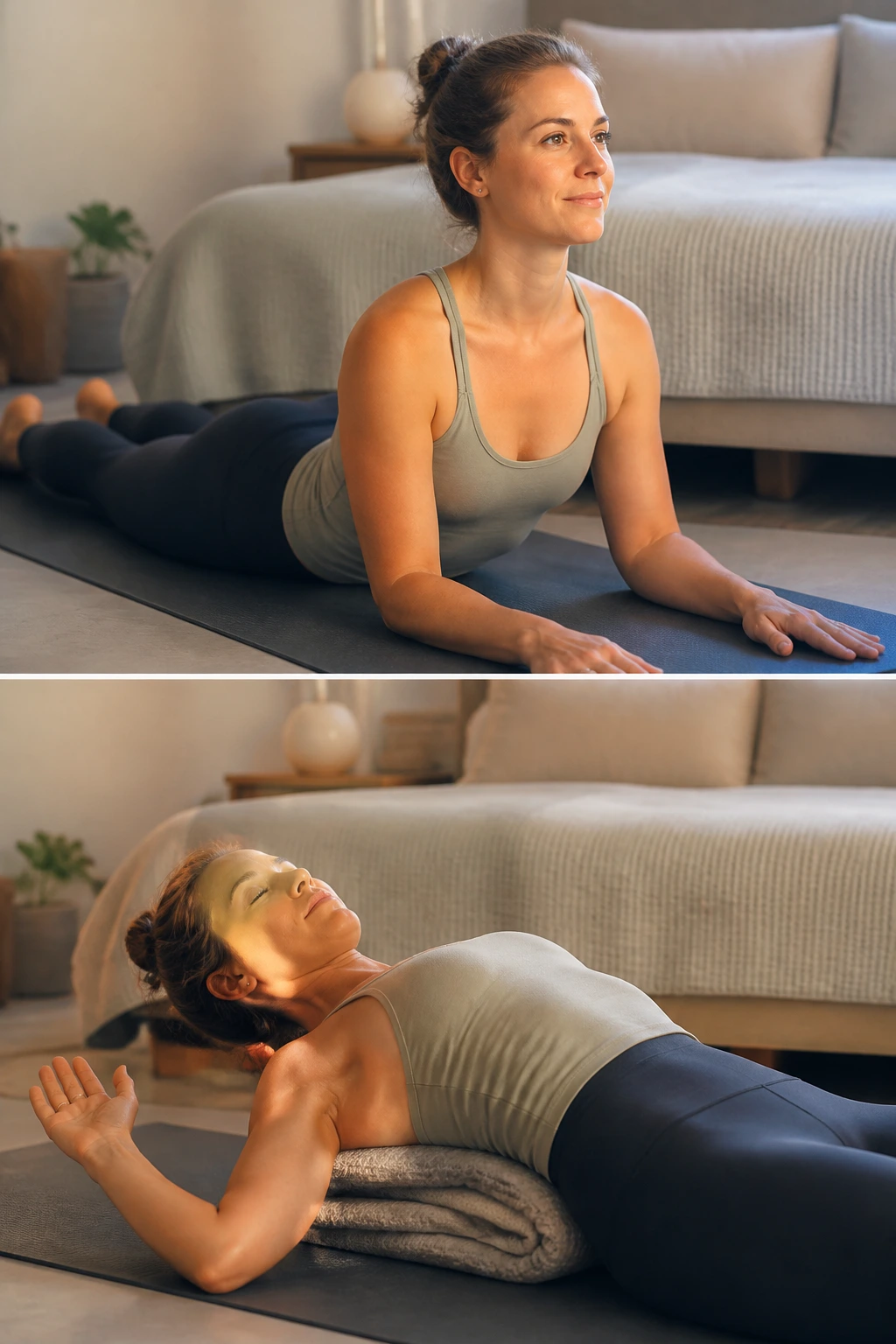 Real person in Sphinx pose opening chest with supportive props