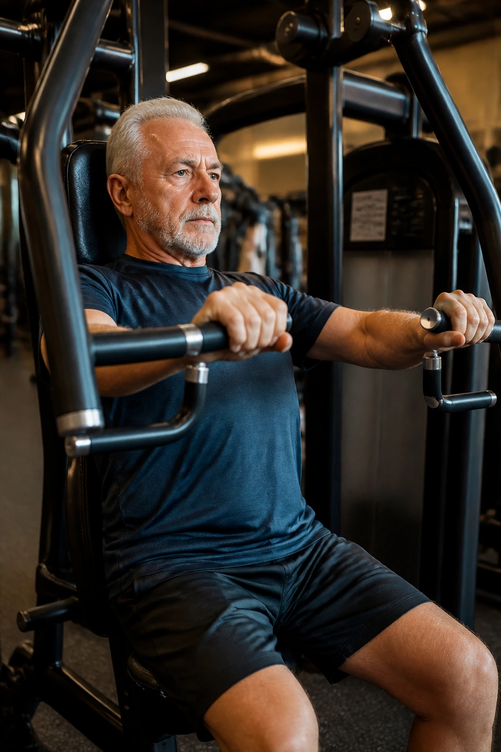 Senior performing chest press on machine