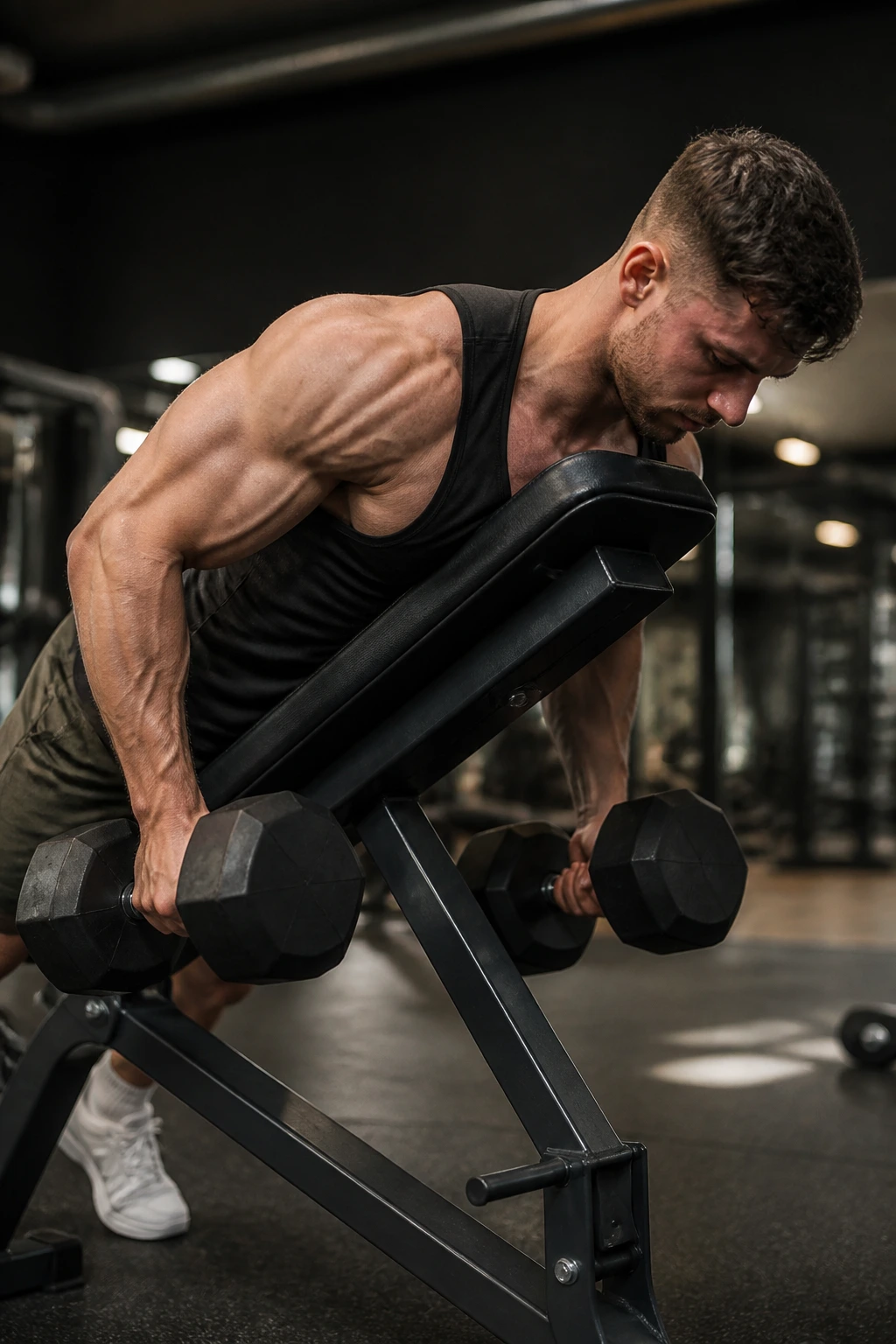 Close-up of a person performing a chest-supported dumbbell row on an incline bench