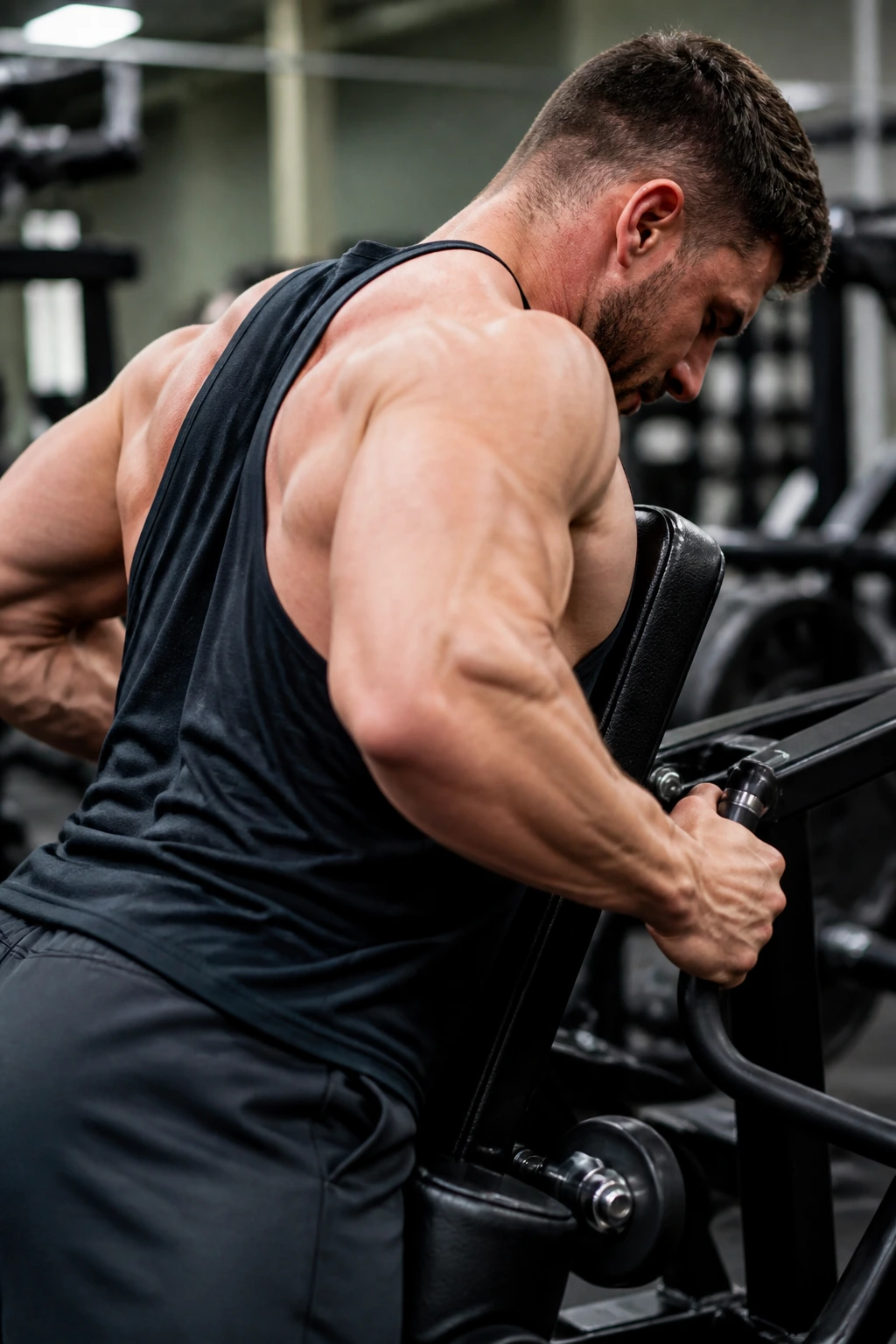 Medium close-up of a person performing a chest-supported row in a gym