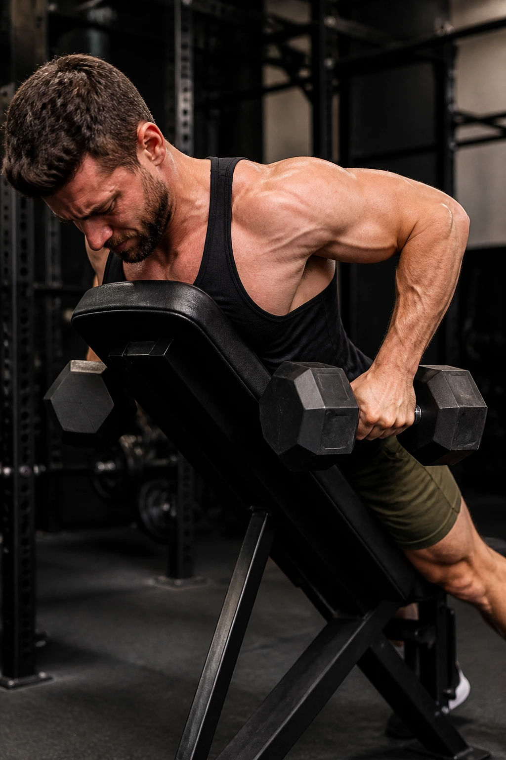 Person performing chest-supported dumbbell row on incline bench