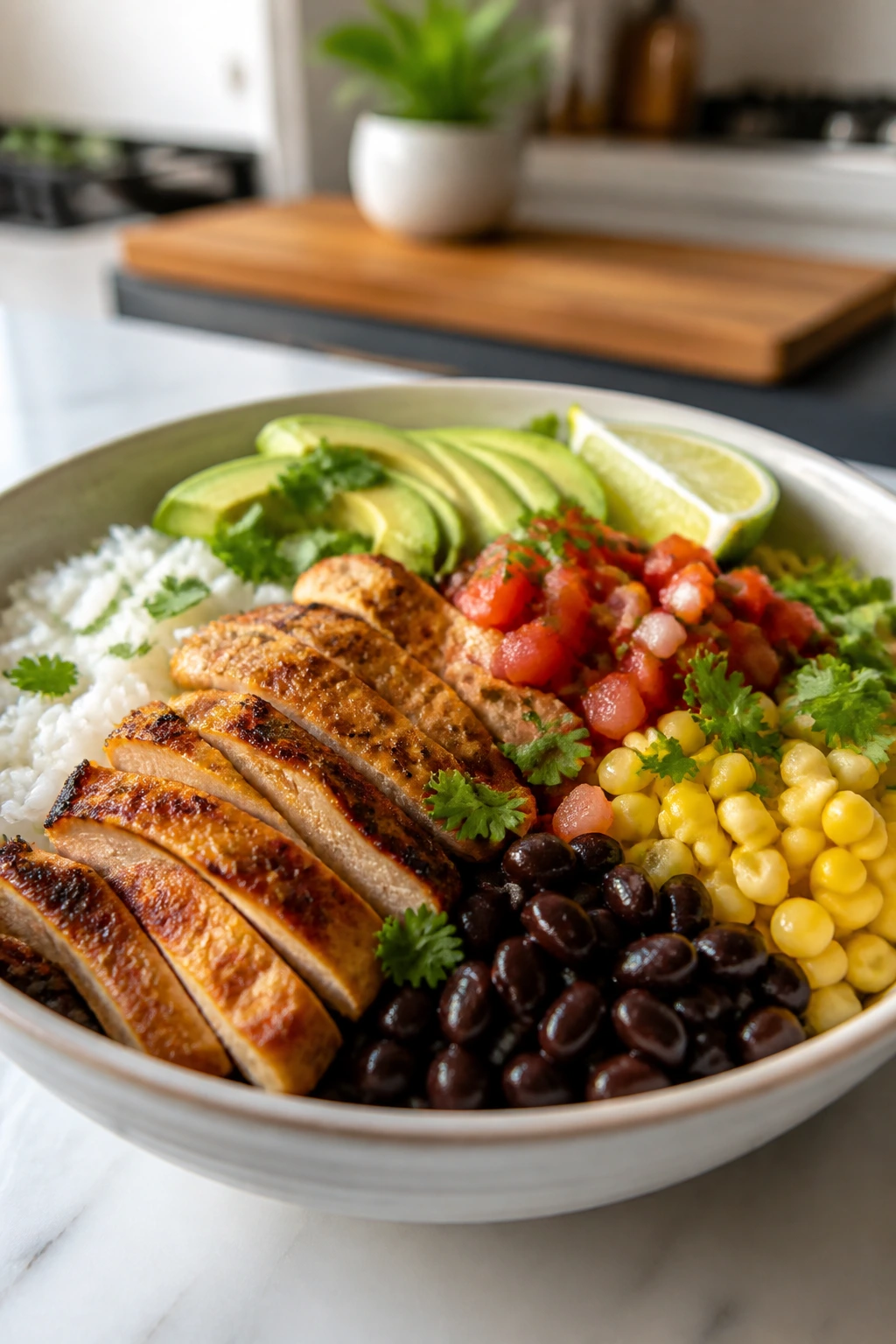 Close-up burrito bowl with chicken, beans, corn, salsa, and avocado