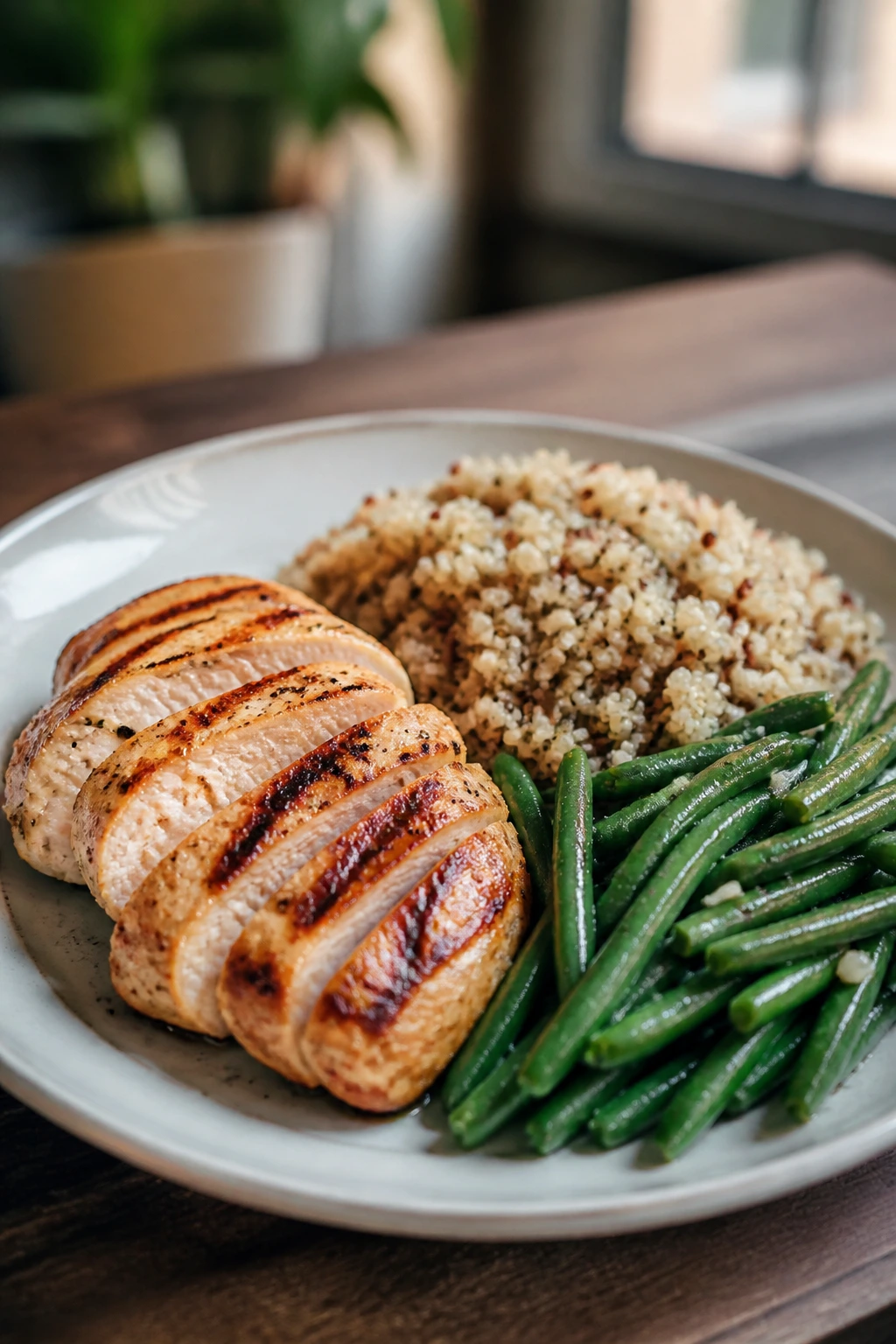 Plate with grilled chicken, quinoa, and green beans on a dining table